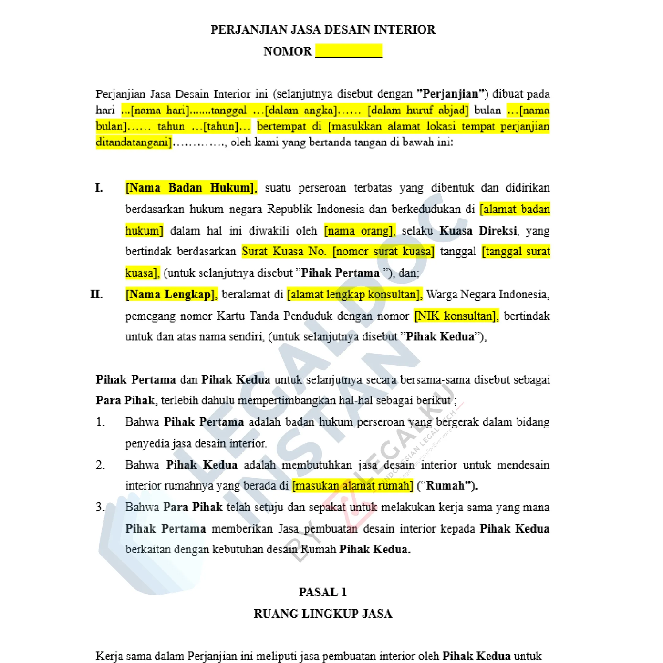 Jual Template Perjanjian Jasa Desain Interior